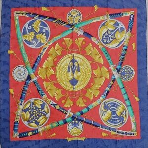 Hermes Vibrant Red and Blue Scarf with Gold Details